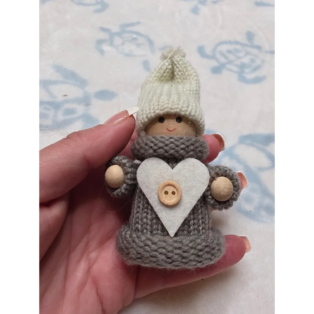 Handmade Wooden Peg Doll Ornament Knit Grey Sweater Heart Button Christmas Decor